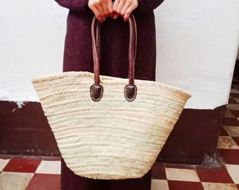 Moroccan basket, natural basket XL with leather handle. Moroccan straw bag, French basket, beach bag, market basket