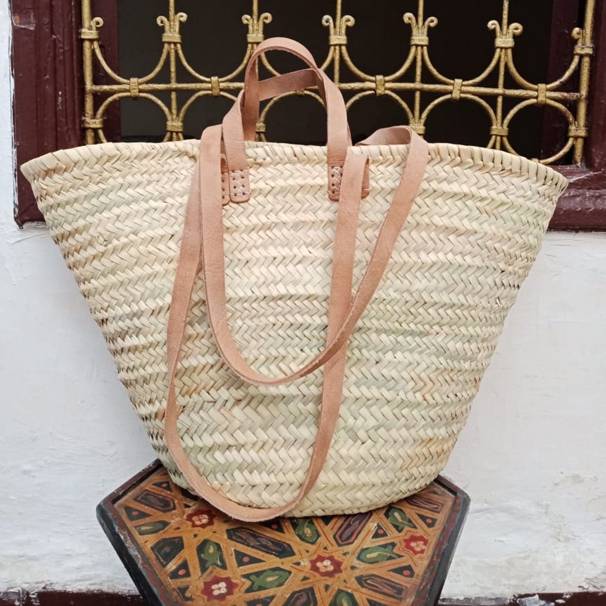 Moroccan basket. Natural XL basket with natural double leather Etsy