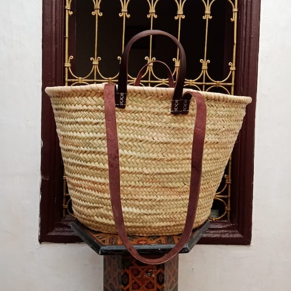 Original Moroccan basket. XL Moroccan basket. Handmade basket with double leather handle. Beach bag. Market basket. Natural straw bag