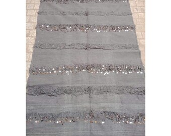 Moroccan wedding blanket 6.56 Ft/4 Ft  .handira Berber handmade  rug with withe sequins Authentic Azilal area rug.throw blanket area handira