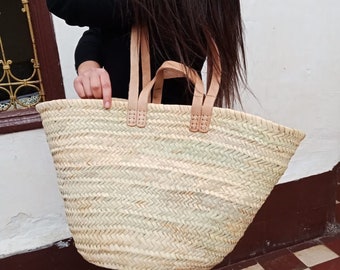 Moroccan basket. Natural XL basket with natural double leather handle. Moroccan straw bag. French basket. Beach bag. Market basket.