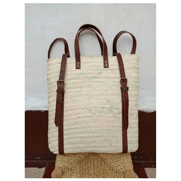 Straw basket Backpack Moroccan Basket straw bag, French basket beach straw bag market basket, Moroccan doum basket