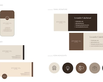 May include: A branding kit featuring digital business cards, email signatures, social media banners, and circular icon highlights in a colour palette of dark brown and beige. The text Studio EL Home and Leander Cakebread is displayed.