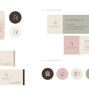 Puede incluir: Un kit de marca con tarjetas de visita digitales, firmas de correo electrónico, banners para redes sociales e iconos destacados. El diseño utiliza una paleta de verde salvia, rosa suave, crema y marrón oscuro con el logo Renewal Skin Studio.
