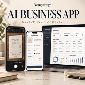 Può includere: Un display digitale che mostra l'interfaccia di un'app aziendale basata su IA su due smartphone e un portatile. Gli schermi presentano uno scanner di documenti, dettagli di ricevute estratti e una dashboard con dati finanziari.