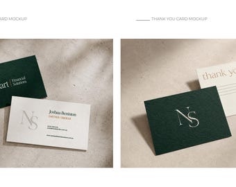 May include: A business card mockup featuring a dark green card with the text Newstart Financial Solutions and a white card with the name Joshua Beniston. A thank you card mockup displays a dark green card with an NS logo and a white card.