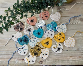Bumblebee and Sunflower Ceramic, Heart Garland, Pottery Bunting, 7 Hearts, Garden Decor