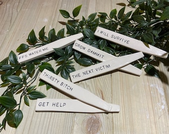 Funny Ceramic Plant Markers, 'Rubbish Gardener' Set of 6
