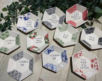 Handmade Ceramic Slogan Teabag Dish, Tea Bag Tidy, Teabag Holder