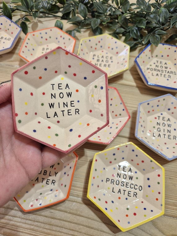 Ceramic Slogan Teabag Dish, Polka Dot, Tea Bag Tidy, Teabag Holder, Handmade, Hexagon,