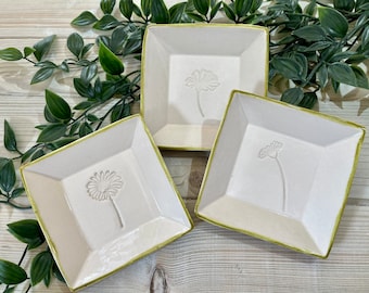 Floral Ceramic Ring Dish, Silhouette Trinket Dish, Handmade Olive Green Key Tray