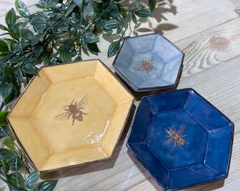 Platos para anillos, platos para joyas, juego hexagonal de 3, dorado, abejorro, abejas
