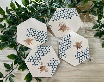 Handmade Ceramic Bee Coasters, Teal Honeycomb, 22kt Gold Detail (Set of 4)