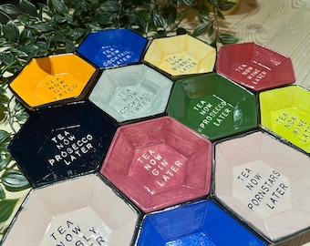 Ceramic Slogan Teabag Dish, Tea Bag Tidy, Teabag Holder, Handmade, Hexagon,