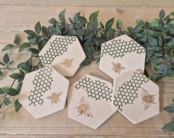 Handmade Ceramic Bee Coasters, Honeycomb Detail, 22kt Gold Accent (Set of 5)