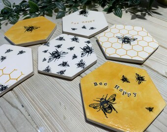 Posavasos de cerámica, juego de 6, posavasos de abeja desiguales, posavasos de cerámica