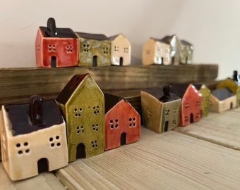 Miniature Ceramic Cottage Set, Glazed Stoneware Houses