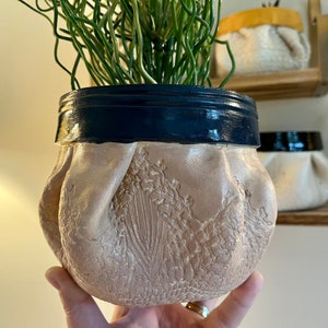 May include: A beige ceramic plant pot with a textured finish and a dark blue rim, holding a green plant with thin stems. The pot's design is unique and organic. The pot is suitable for indoor use and measures approximately 15 cm in height.