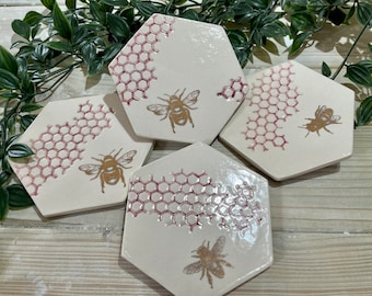 Handmade Ceramic Bee Coasters, Honeycomb Detail, 22kt Gold Accents (Set of 4)