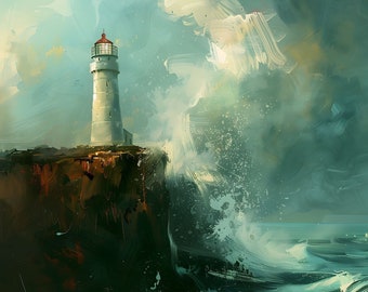 Arte para TV Samsung Frame / Pintura de paisaje marino con faro (Descarga digital)