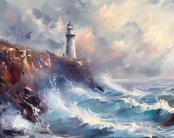 Pintura de paisaje marino con faro para TV Samsung Frame / Arte digital costero