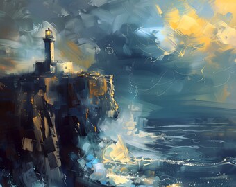 Cuadro de paisaje marino con faro / Arte para TV Samsung Frame (Descarga digital)