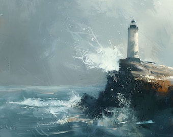 Cuadro de paisaje marino con faro / Arte para TV Samsung Frame (Descarga digital)