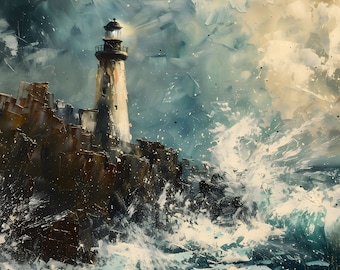 Arte de paisaje marino con faro para TV Samsung Frame / Tormenta costera (Descarga digital)