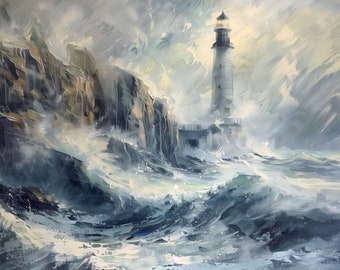 Faro, tormenta, paisaje marino / Arte para TV Samsung Frame (Descarga digital)