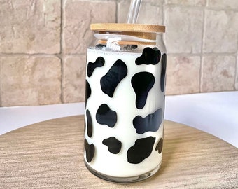 Cow Print Coffee or Tea Glass Reusable Beer Can | 16oz or 20oz Cup | Includes Straw | Gift | Personalised | Valentines | Animal Print
