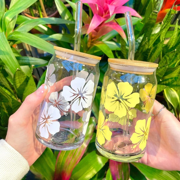 Hibiscus Flower bamboo lid can glass drink | 16oz or 20oz | Gift | With Glass Straw | Beer can glass | Mug | Coffee | Boho | Valentines