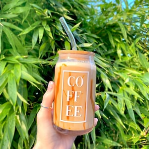 Iced Coffee bamboo lid can glass drink | 16oz cup | Gift | Personalised | Includes Glass Straw | Minamal | Tumbler | Christmas glass | Mug |