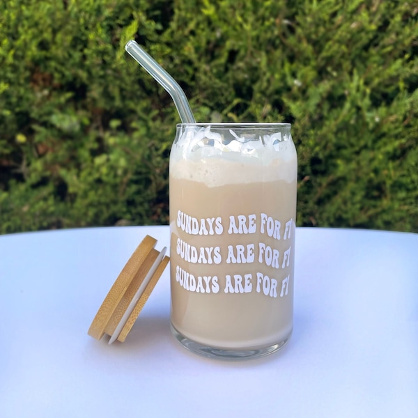 Sundays are for F1 glass cup with bamboo lid can drink | With Glass Straw | 16oz 20oz | Gift | Beer can glass | Mug | Mason Jar |