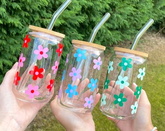Retro Flower bamboo lid can glass drink | 16oz 20oz cup | Gift | Personalised | Includes Glass Straw | Beer can glass | Mug | Mason Jar