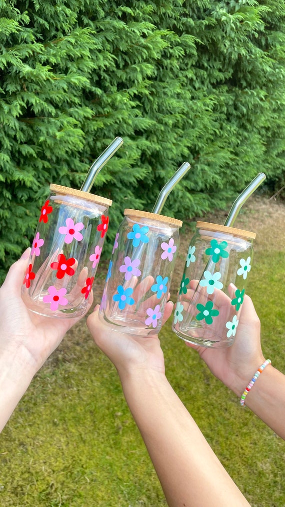 Retro Flower Bamboo Lid Can Glass Drink 16oz 20oz Cup Gift Personalised  Includes Glass Straw Beer Can Glass Mug Mason Jar 