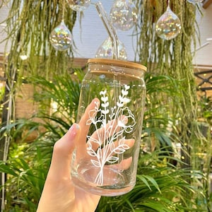 Wild Flowers Bamboo Lid Can Glass drink | 16oz or 20z cup | Gift | Personalised | Includes Glass Straw | Mug | Coffee | Boho | Mothers Day