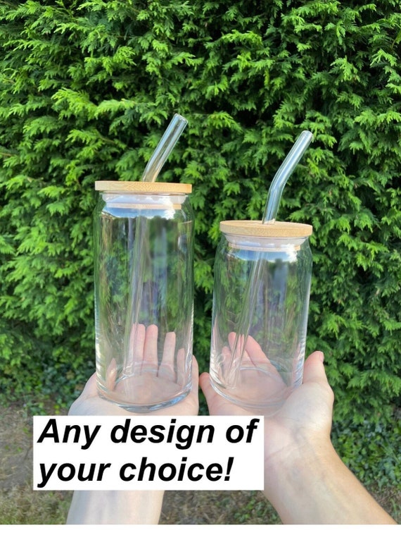 COFFEE Glass Can and Bamboo lid and Straw