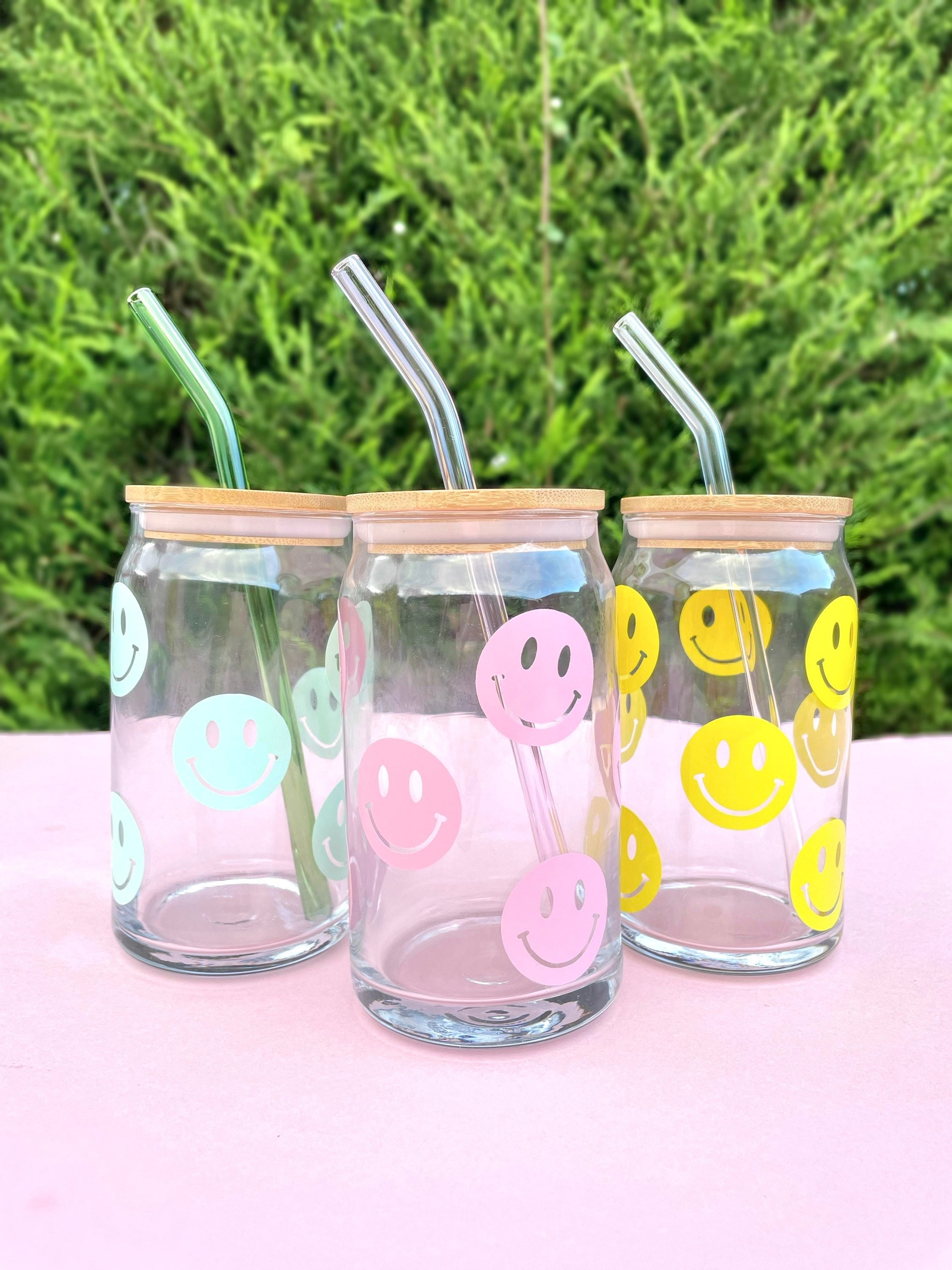 Pink Retro Flower Smiley Face Glass Can Cup with Bamboo Lid and Straw