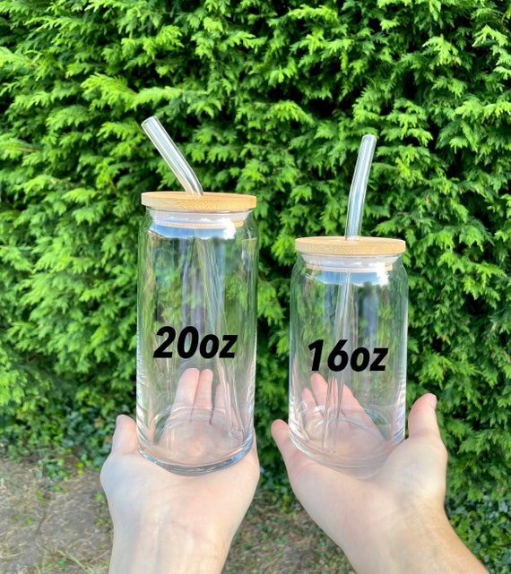 20 OZ Glass Cups with Bamboo Lids and Straws - Beer Can Shaped Drinking  Glasses
