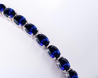 Gorgeous Blue Sapphire Tennis Bracelet In 925 Sterling Silver, Women's Blue Sapphire Bracelet, Handmade Bracelet, Anniversary Gift For Wife