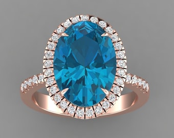 4.5Ct Natural Oval Shape London Blue Topaz Engagement Ring In 14K Solid Rose Gold | Blue Topaz & Diamond Halo Wedding Ring | Gifts For Wife
