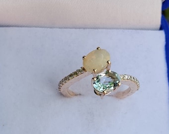 Natural Oval Cut Aquamarine & Opal Engagement Ring In 14K Rose Gold,Opal And Diamond Bypass Ring,Unique Opal Rings,Anniversary Gifts For Her