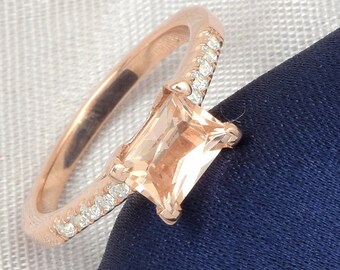 1.2Ct Natural Emerald Cut Morganite Engagement Ring In 14K Rose Gold | Unique Morganite & Diamond Wedding Ring | Morganite Anniversary Rin