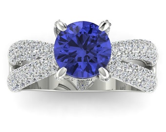 Natural Round Shape Tanzanite Engagement Ring In 14K Solid White Gold | AAAA Tanzanite & Diamond Hidden Halo Ring | December Birthstone