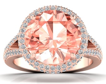 Natural Morganite Engagement Ring In 14K Solid Rose Gold | Morganite & Diamond Halo Ring | Morganite Anniversary Ring | Promise Wedding Ring