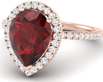 3.5Ct Natural Pear Shape Red Garnet Engagement Ring In 14K Rose Gold | Red Garnet & Diamond Halo Wedding Ring | Anniversary Ring