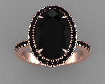 Vintage Natural Oval Shape Black Onyx Engagement Ring In 14K Solid Rose Gold | Black Onyx Halo Wedding Ring | Black Onyx Anniversary Ring