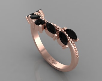 Natural Black Onyx Curved Wedding Bands In 925 Sterling Silver | Marquises Shape Black Onyx Engagement Bands Ring | Onyx Anniversary Bands