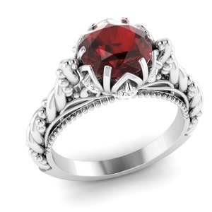 Natural Red Garnet Engagement Ring In 14K Solid White Gold | Garnet & Diamond Anniversary Ring | Vintage Garnet Ring | January Birthstone