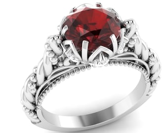 Natural Red Garnet Engagement Ring In 14K Solid White Gold | Garnet & Diamond Anniversary Ring | Vintage Garnet Ring | January Birthstone